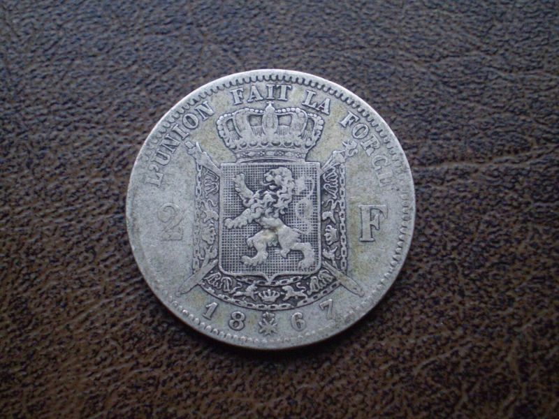 Срібло 2 франки 1867-й рік королівство Бельгія