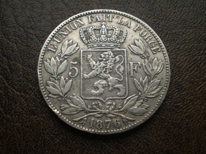  Срібло 5 франків 1876-го року королівство Бельгія 